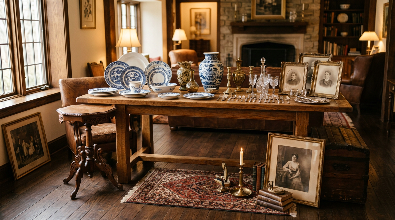 Antique furniture arranged for an estate sale