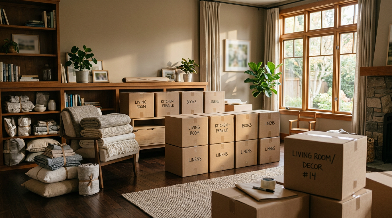 A well-organized living room with moving boxes