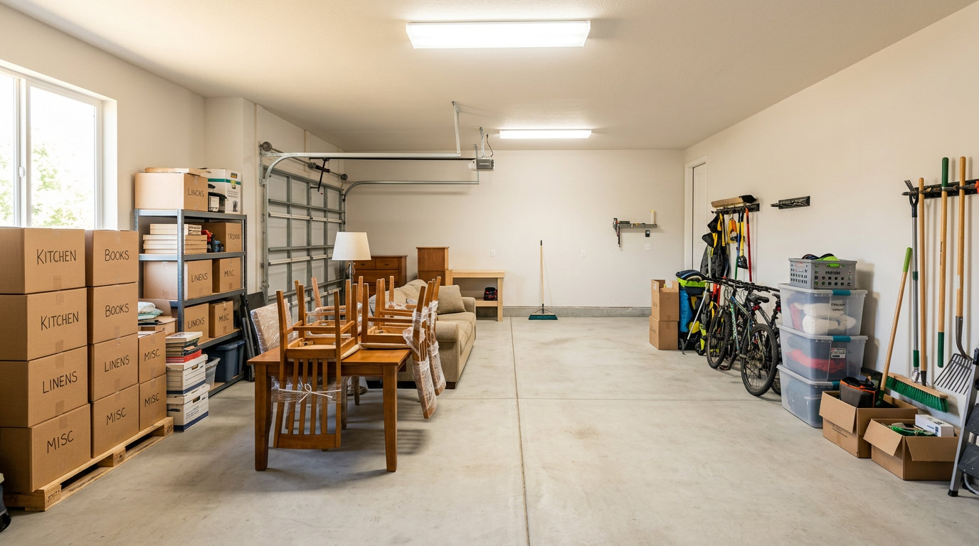 Sorted items in a cleared garage
